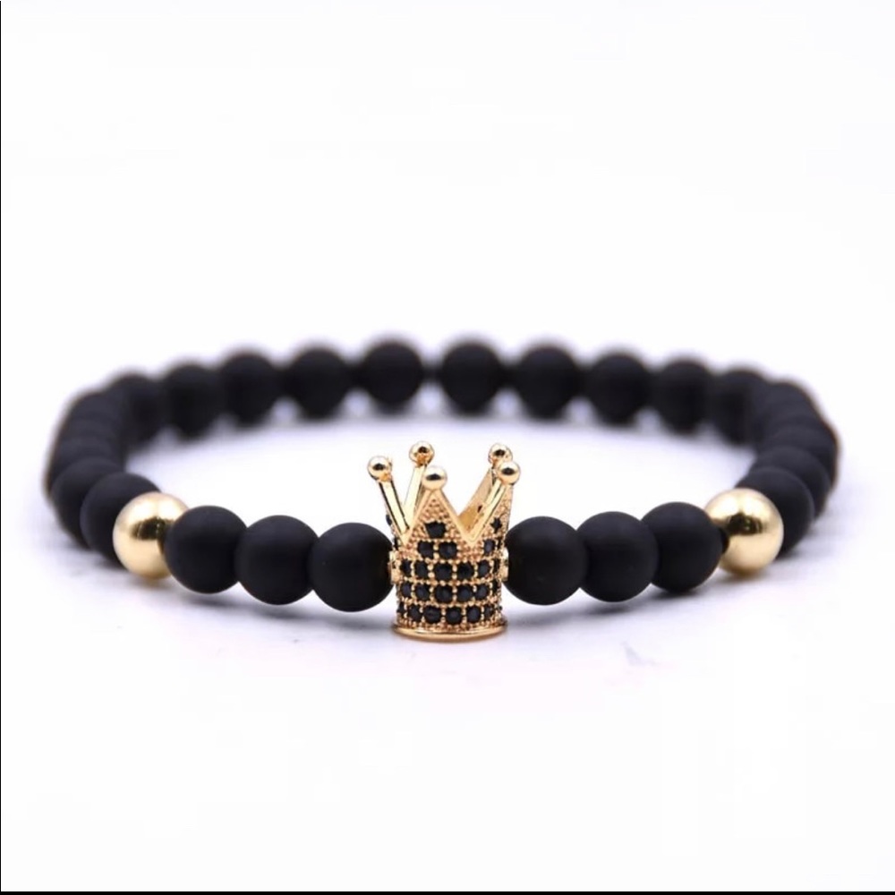 Men’s Black Onyx Beaded Stretch Crown Bracelet